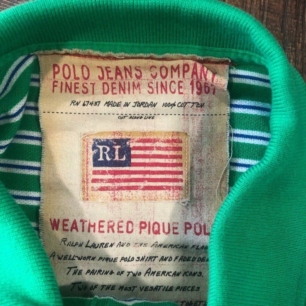 Vintage 90s Ralph Lauren Polo Jeans Mens XL USA Flag Weathered Pique Shirt Green - Picture 3 of 12